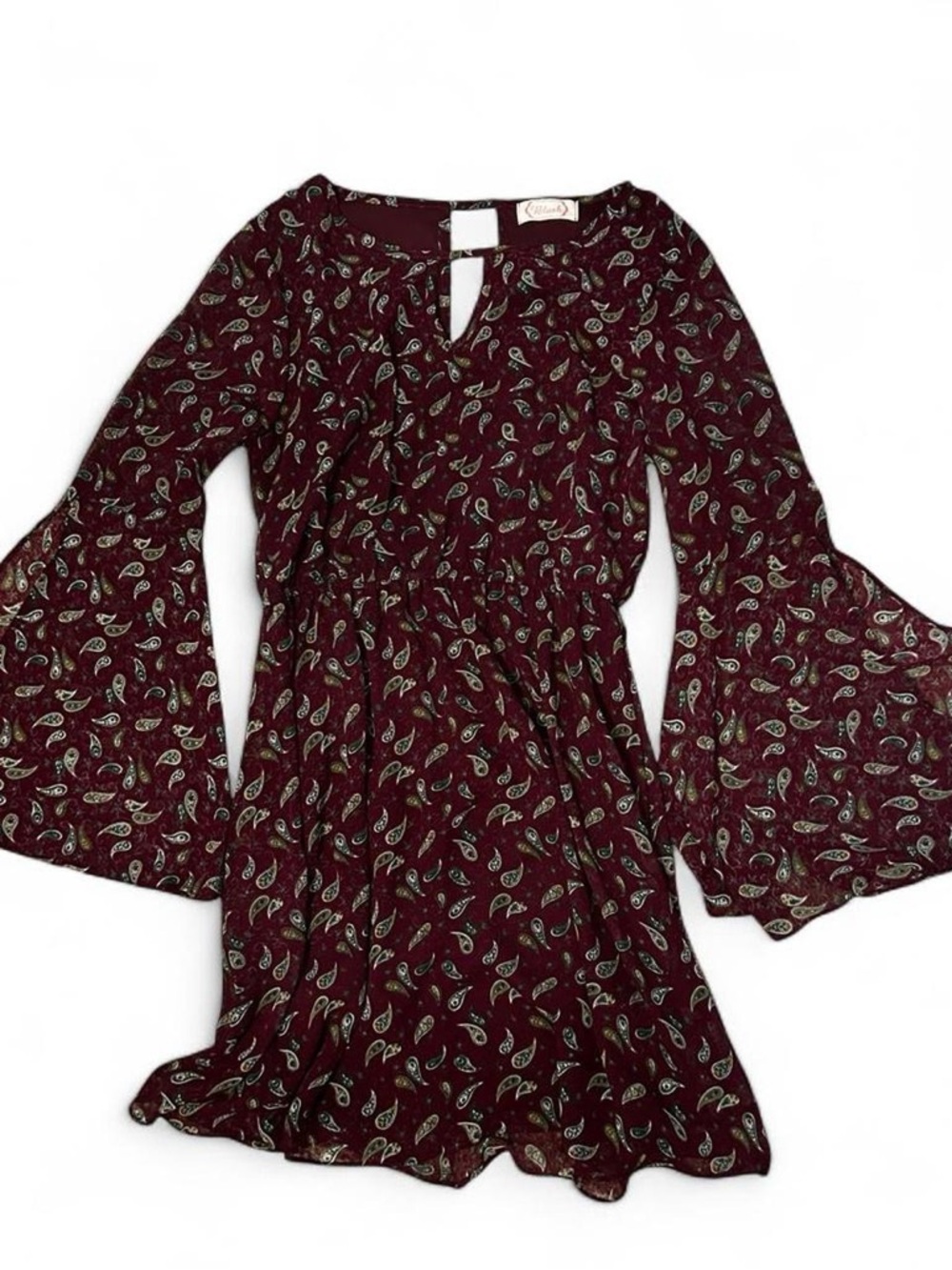 Blush Wine Paisley Mini Dress Womens M Bell Sleeves Fairy Boho Renaissance